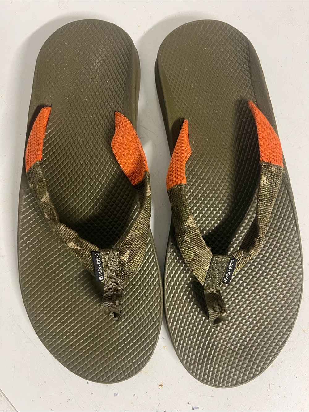 Chaco / Howler Brothers Men's Olive Green Flip Flops with Orange Strap Accent
